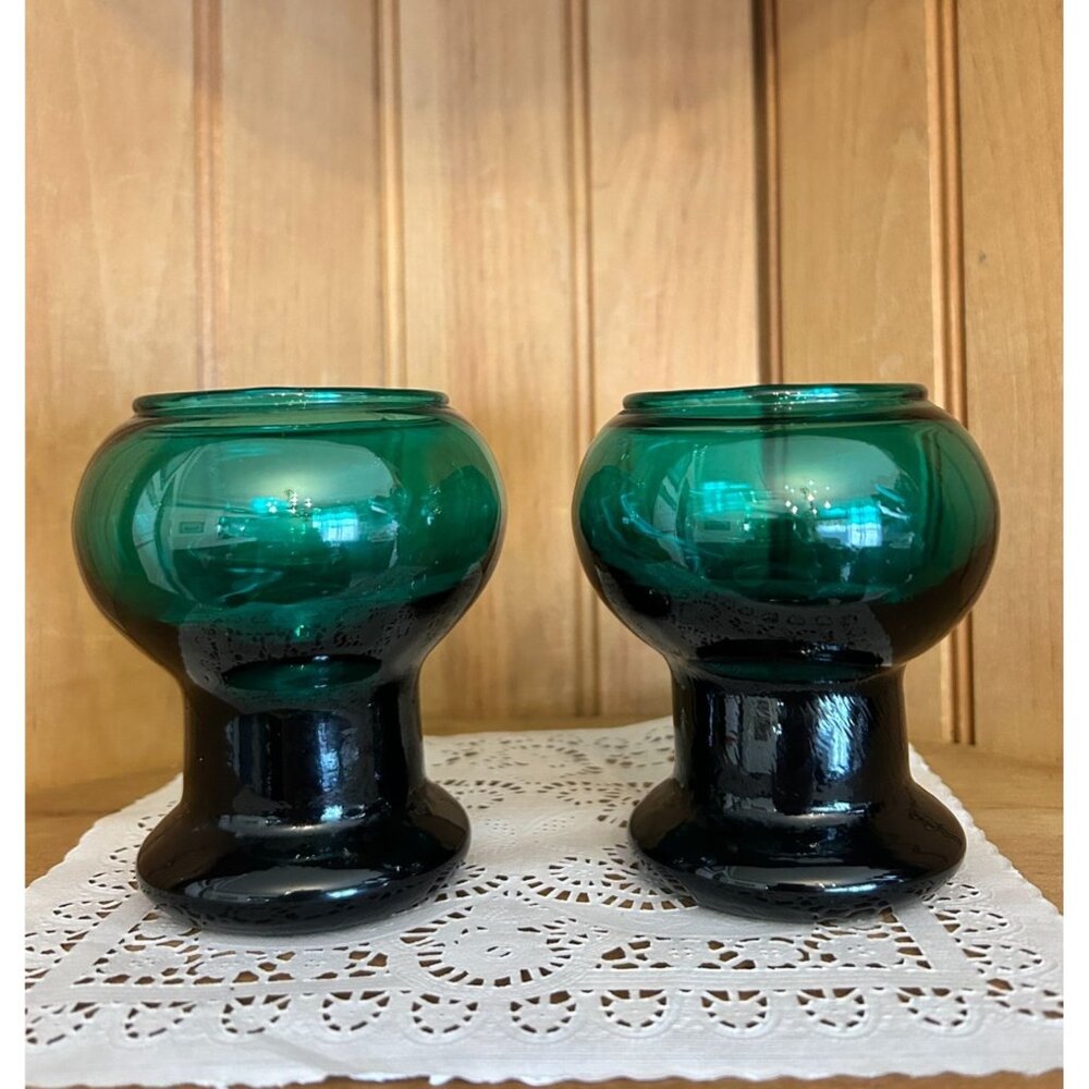 Vintage Danish Holmegaard Teal Green Glass Candle Holders Art Glass Goblets Vase